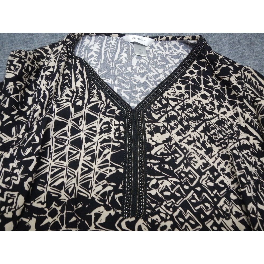 CJ Banks Blouse Shirt Womens Plus 1X Brown Beige Geometric Print Long Sleeve Top - Picture 3 of 9